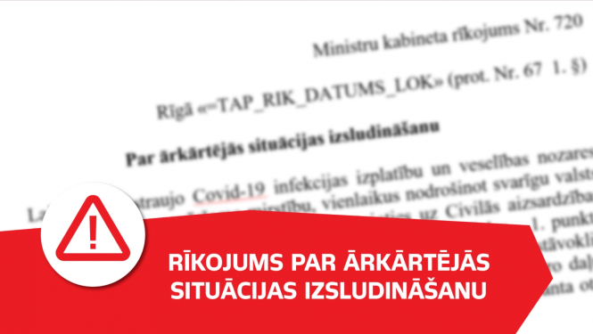 Uz dokumenta fona uzraksts uz sarkana par ārkārtējas situācijas izsludināšanu