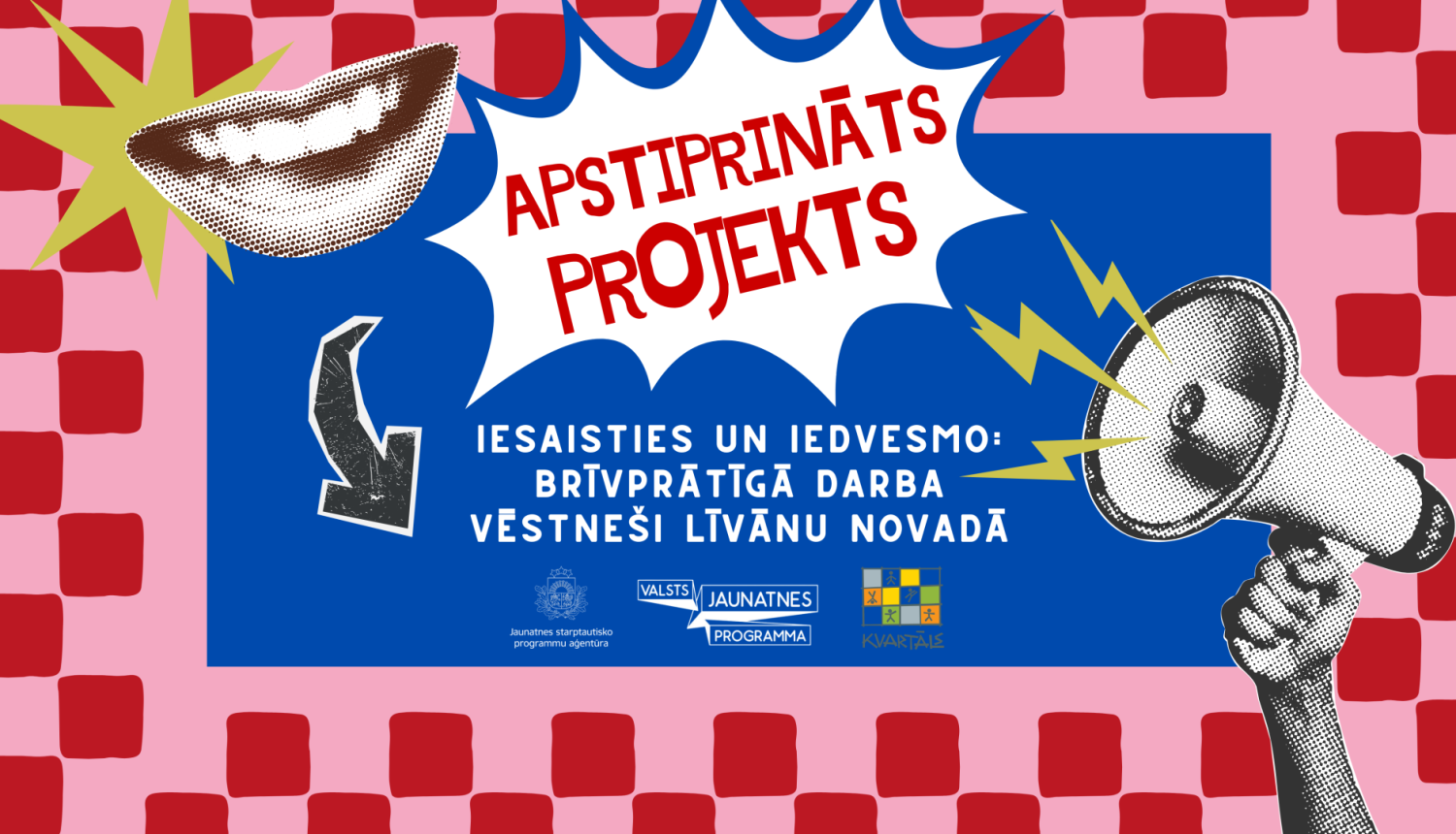 uzzīmēts bildes un teksts - rupors, mute smaidīga