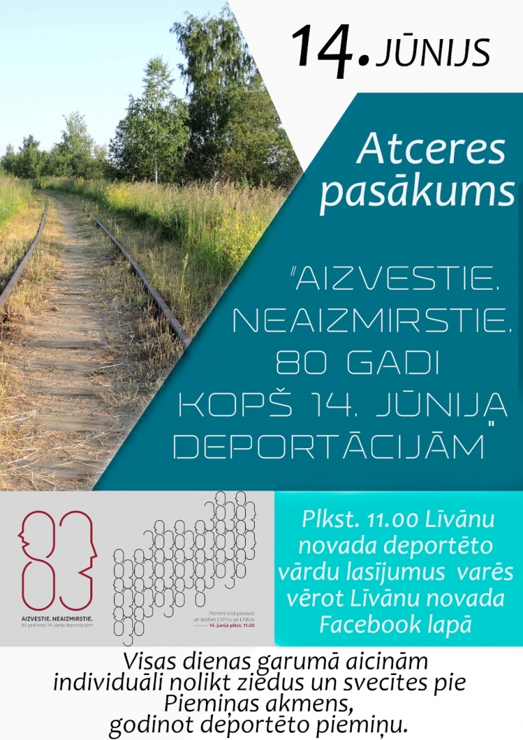 14.jūnija atceres pasākuma afiša. Attēlā redzamas dzelzceļa sliedes