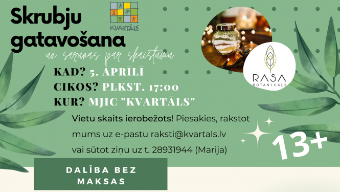 zaļš fons ar lapiņām un teksts