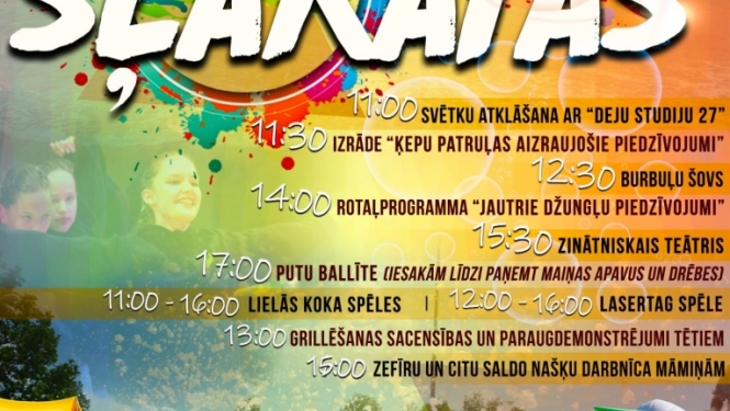 Krāsaini saģērbti bērni un ūdens šļakatas