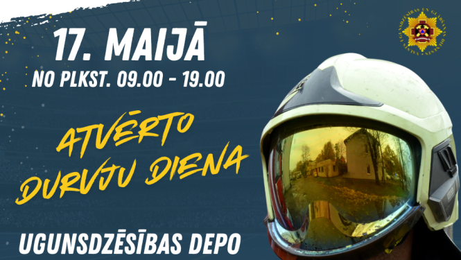 Ugunsdzēsējs ķiverē un teksts