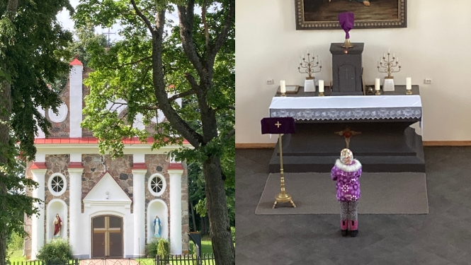 Foto kolāža: Madaliņas baznīcas ārskats un iekšskats ar altāri un bērnu pie tā