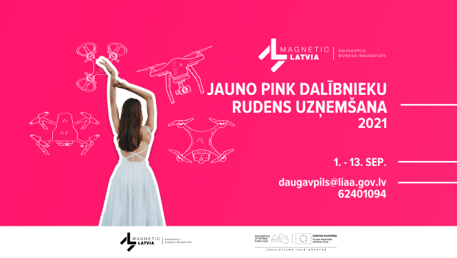 Rozā krāsas afiša ar meiteni un dronu siluetiem par uzņemšanu biznesa inkubatorā