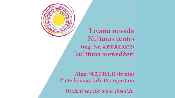 Attēls ar sludinājuma tekstu, ka tiek aicināts darbā kultūras menedžeris
