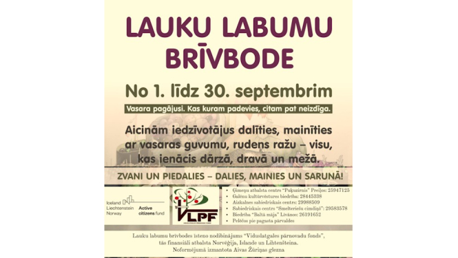 Afiša ar tekstu par lauku labumu brīvdodēm