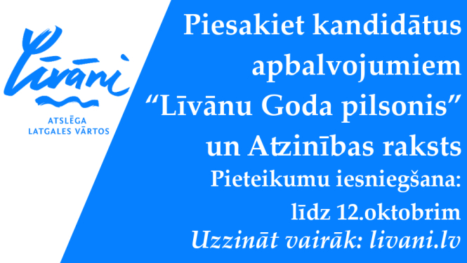 Attēls ar Līvānu logo un tekstu ar baltiem burtiem uz zila fona