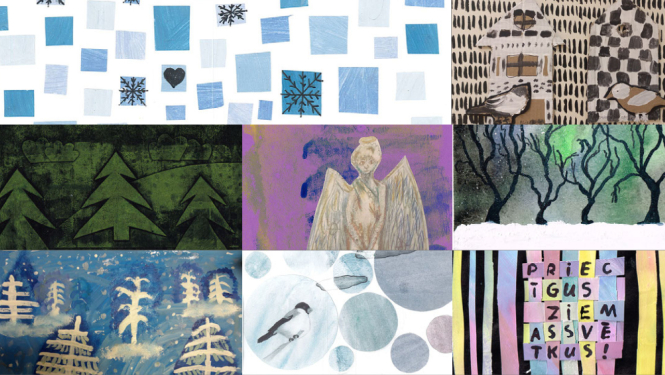 Bērnu Ziemassvētku kartiņu zīmējumu kolāža