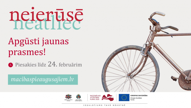 Afiša par mācībām pieaugušajiem ar sarūsējušu divriteni