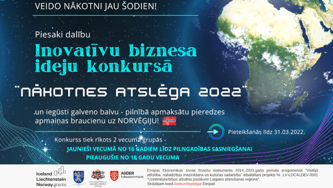 Afiša par biznesa ideju konkursu ar zemeslodi fonā