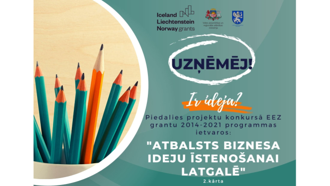 Afiša par uzņēmēju atbalsta konkursu ar zīmuļiem afišas malā