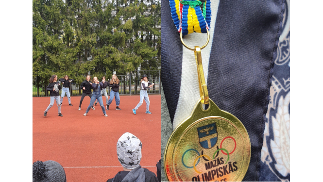 Foto kolāža: meitenes dejo uz laukuma un medaļa 