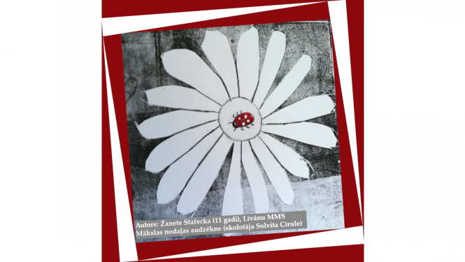Bērna veidots mākslas darbs ar sarkanbaltu mārīti vidū