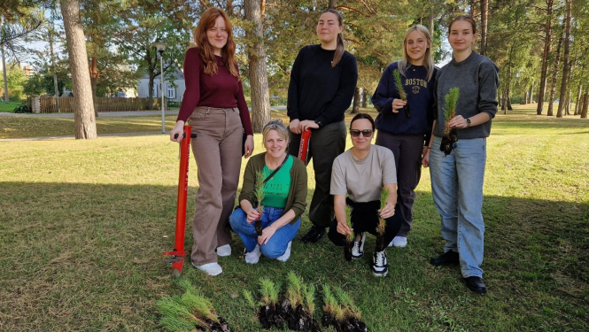  6 meitenes ar jaunajiem priežu stādiem rokās 