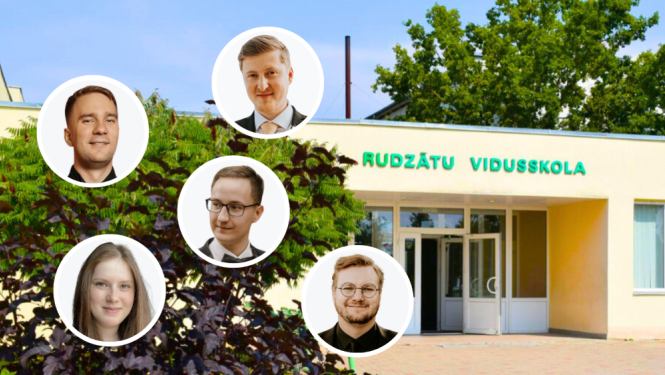 skolas ēga un piecu cilvēku sejas aplīšos