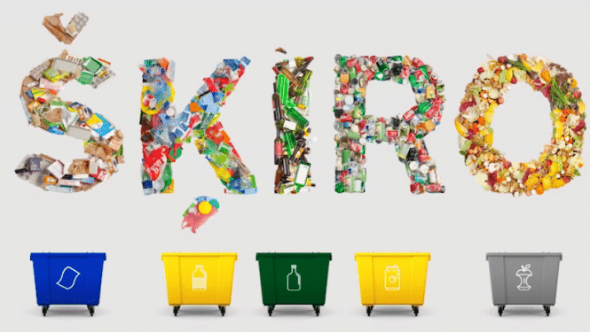 Uzraksts Šķiro un krāsaini atkritumu konteineri