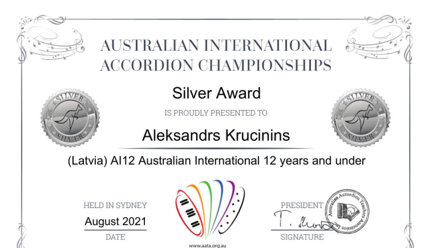 Sudraba diploms Aleksandram Kručiņinam