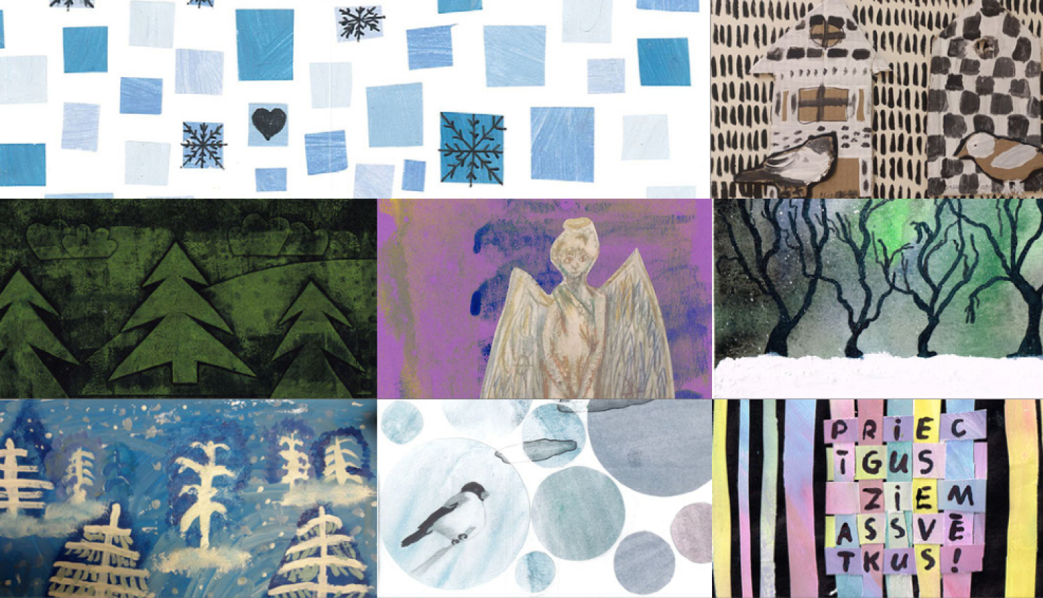 Bērnu Ziemassvētku kartiņu zīmējumu kolāža