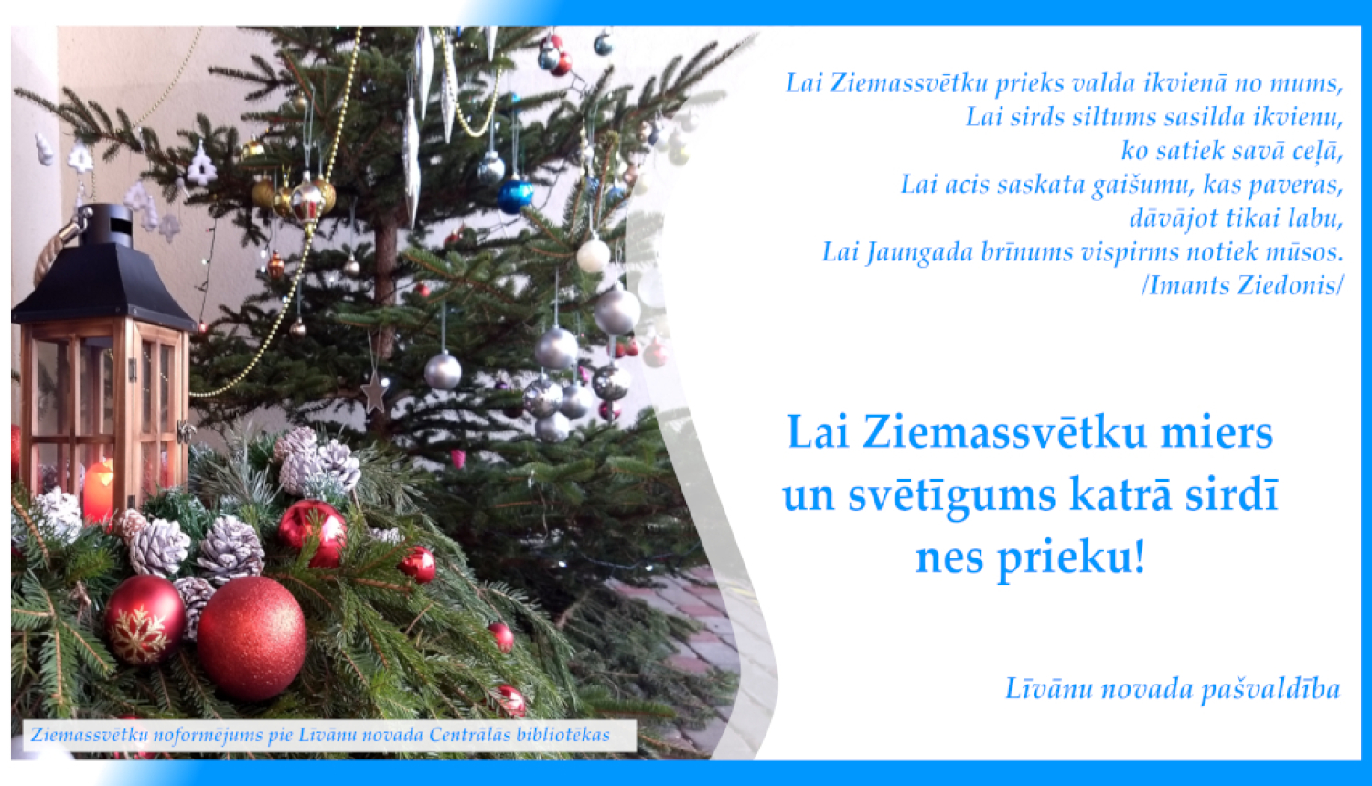 Ziemassvētku apsveikums ar eglīti un apsveikuma tekstu