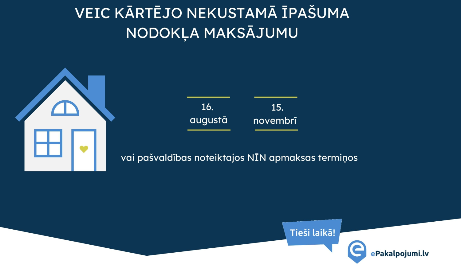 Māja un teksts ar atgādinājumu par nekustamā īpašuma nodokļu nomaksas laiku