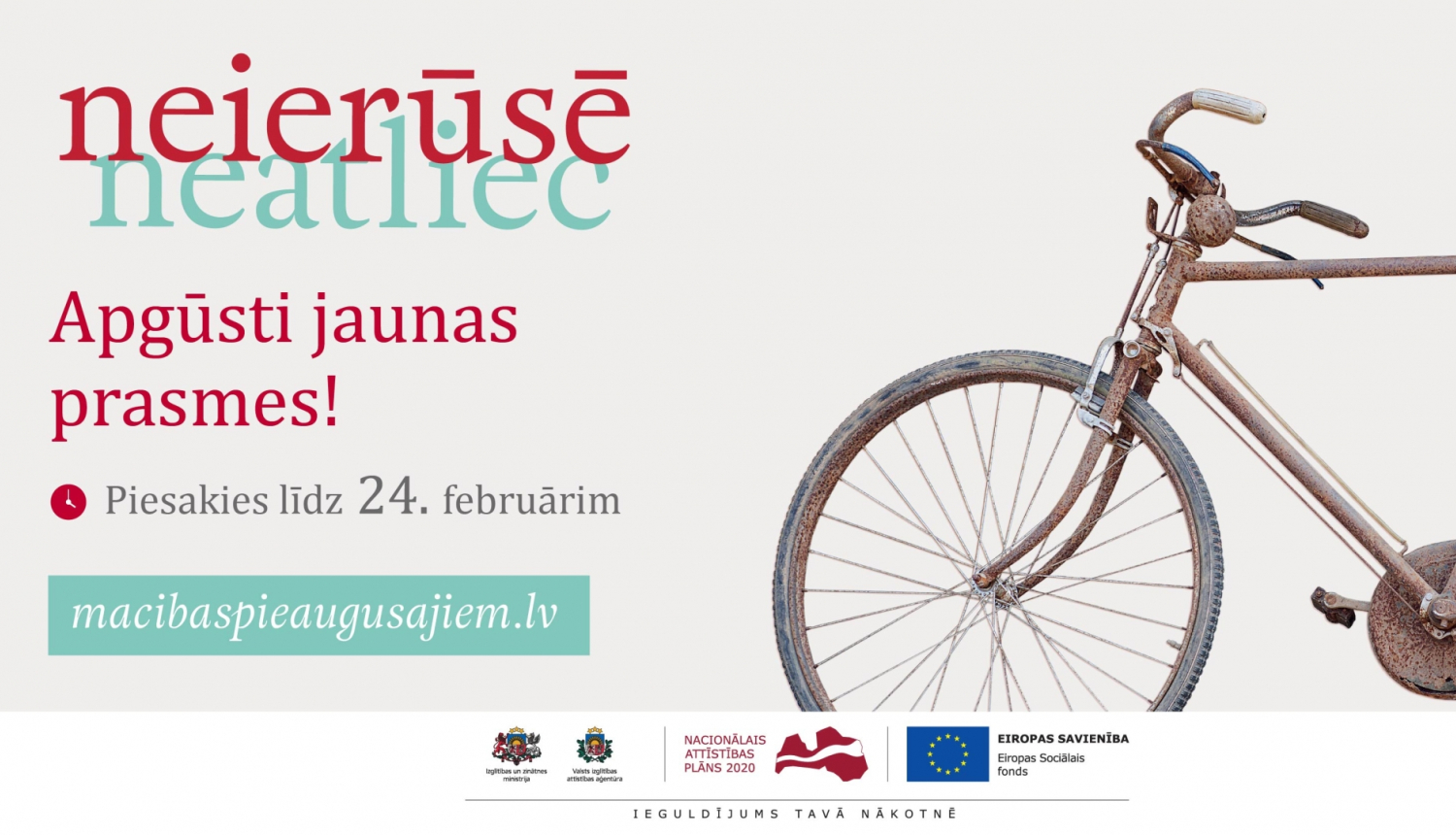 Afiša par mācībām pieaugušajiem ar sarūsējušu divriteni