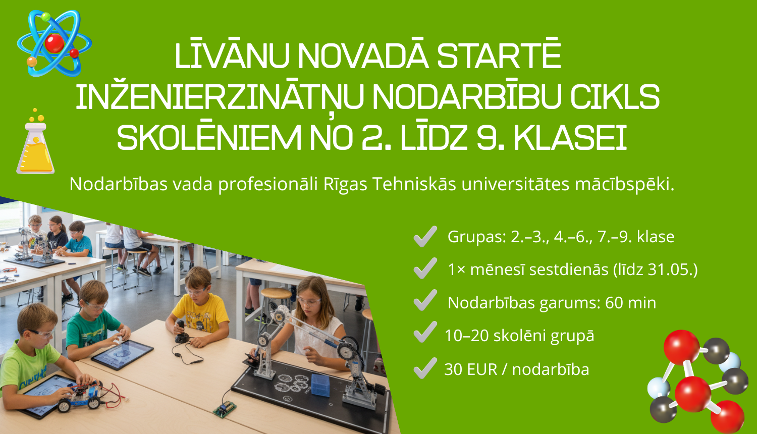 zaļs fons, bērni pie galdiem mācās