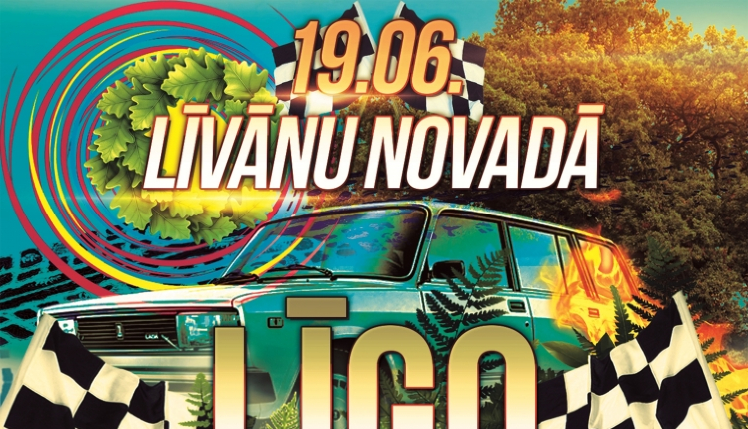 automašīnas un rūtoti karogi