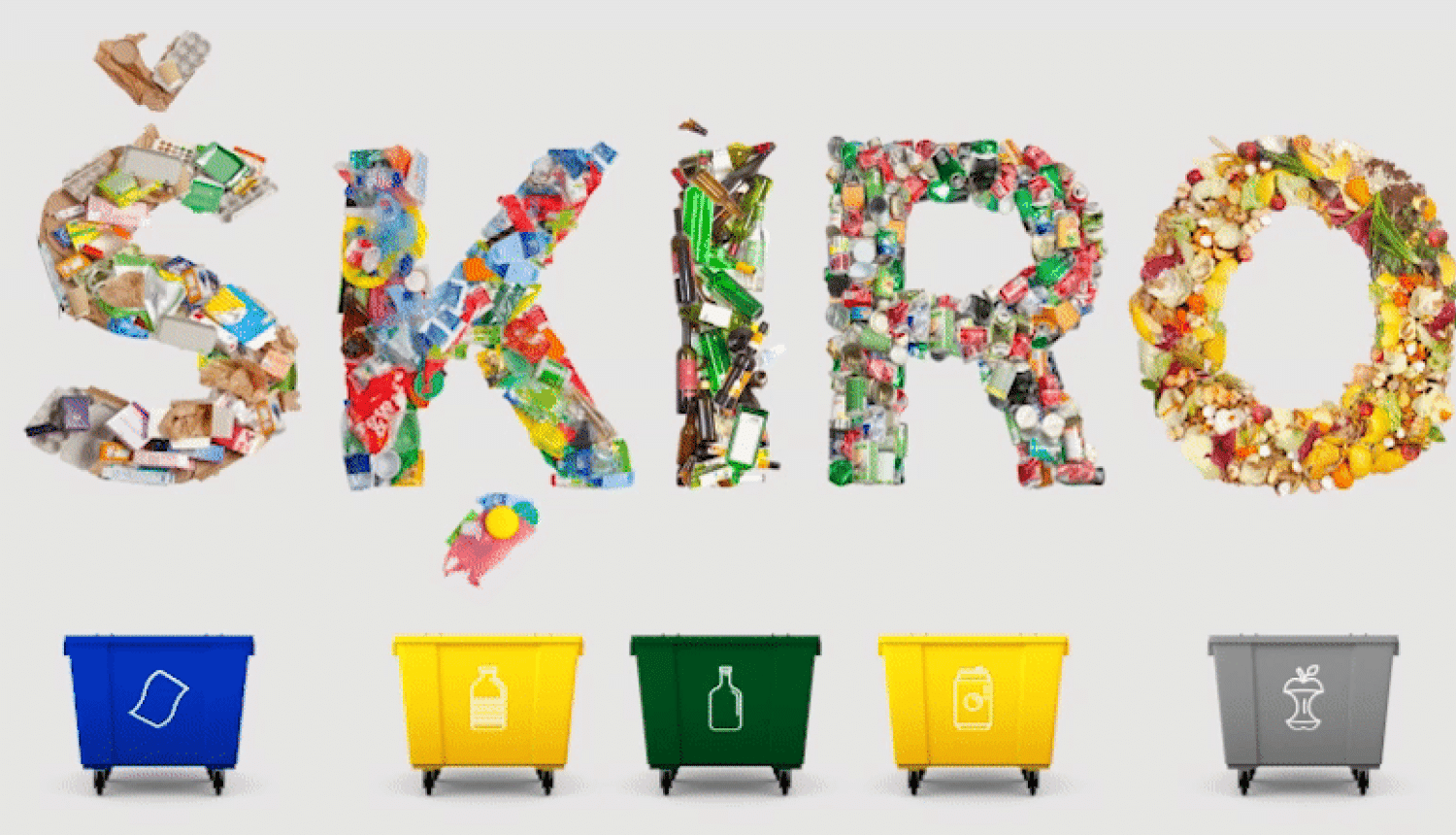 Uzraksts Šķiro un krāsaini atkritumu konteineri