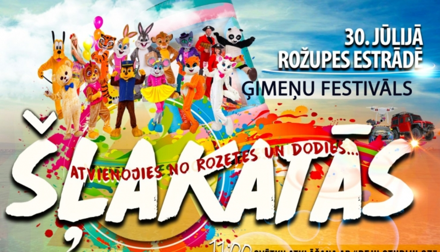 Krāsaini saģērbti bērni un ūdens šļakatas