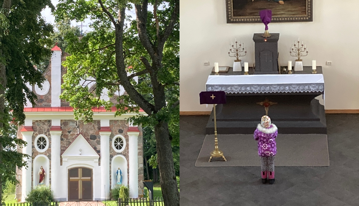 Foto kolāža: Madaliņas baznīcas ārskats un iekšskats ar altāri un bērnu pie tā