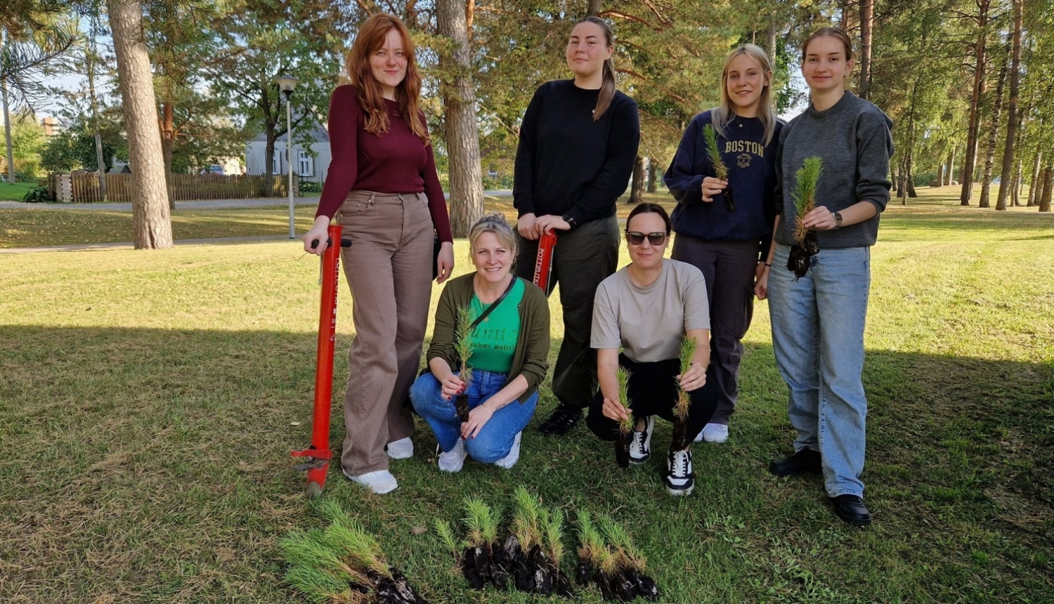  6 meitenes ar jaunajiem priežu stādiem rokās 