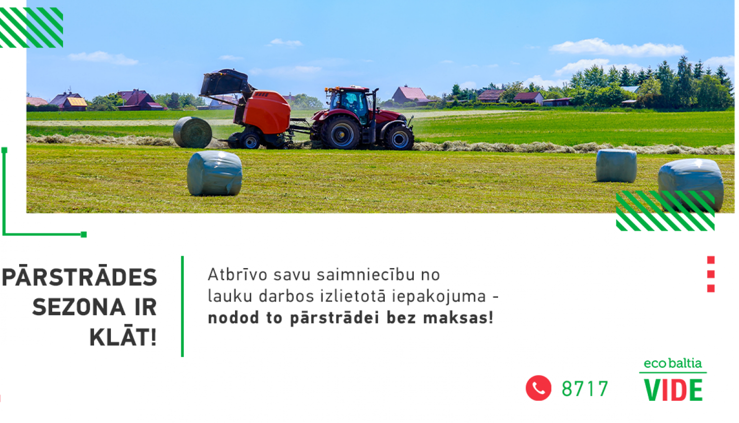 traktors un siena ruļļi uz lauka